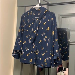 Navy Blouse with Yellow Floral Pattern